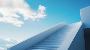 A sleek set of modern white stairs rises towards a bright blue sky, creating a visually striking and uplifting atmosphere that evokes feelings of hope and aspiration. photo