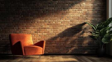 A stylish orange chair placed against a rustic brick wall, illuminated by natural light, highlighting the contrast between modern design and traditional elements in a cozy setting. photo