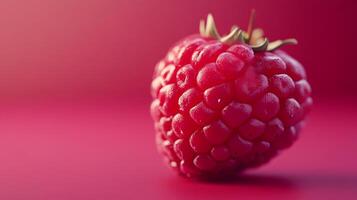 This close-up image of a fresh raspberry against a soft pink background highlights its vibrant color and texture, encapsulating the essence of summertime fruitfulness. photo