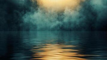 A tranquil scene where fog rolls over a still water surface, creating an enigmatic atmosphere, blurring the boundary between water and sky in shades of golden mist. photo