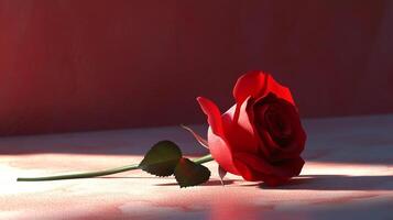 An exquisite image showcasing a beautifully detailed red rose resting gracefully on a warm surface, symbolizing love, passion, and elegance in a captivating composition. photo