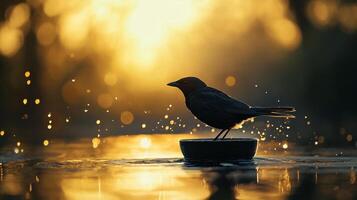 A silhouette of a bird perched on a shallow bowl surrounded by water droplets, beautifully illuminated by the warm tones of a tranquil sunset atmosphere. photo