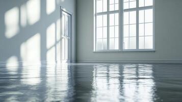 A flooded room with light streaming through windows, reflecting calming patterns on the surface and evoking a sense of tranquility and quiet reflection. photo