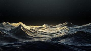 An awe-inspiring view of waves illuminated by soft light, encapsulating the tranquility of the ocean at night with beautifully defined peaks and textures. photo