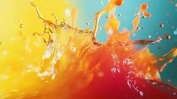 A dynamic and colorful splash of water showcasing vibrant hues of yellow, red, and blue that evoke energy and creativity, perfect for artistic and commercial uses. photo