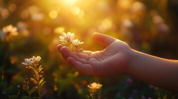 A child's small hand gently holding delicate flowers, capturing the beauty of innocence and natural connection with the environment in a magical golden light. photo