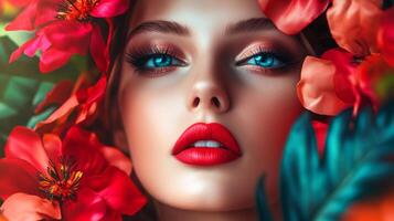 A striking close-up portrait of a woman beautifully framed by vivid flowers, highlighting her captivating features and celebrating the harmony between beauty and nature. photo