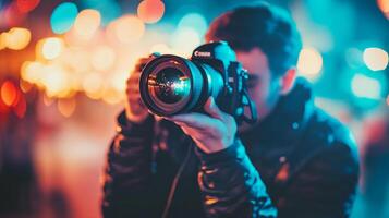 A dedicated photographer focusing on capturing stunning nighttime shots, emphasizing creativity and artistic expression against a backdrop of colorful bokeh lights. photo