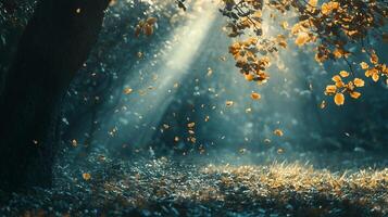 Golden autumn leaves dance in the air as sunlight filters through the trees, creating a magical atmosphere that celebrates the beauty of nature and seasonal change. photo