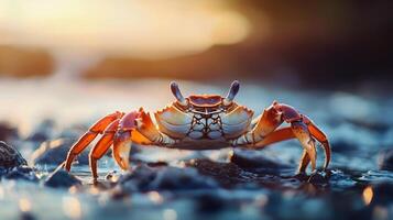 A close-up of a crab on rocky terrain showcases its vibrant colors and intricate details against a backdrop of sunlit reflections, creating a captivating ocean scene. photo