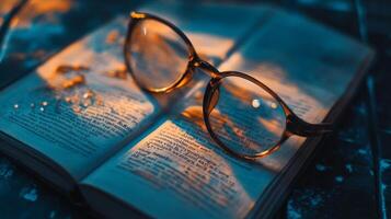 This artistic image presents a pair of glasses perched on an open book, capturing the essence of knowledge and exploration through a warm and inviting color palette. photo