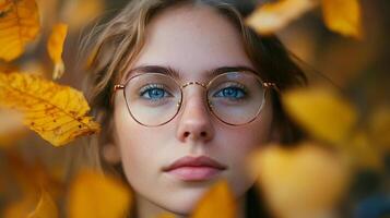 A close-up portrait of a girl with striking blue eyes, illuminated by autumn leaves, representing youth and beauty amidst the seasonal changes in nature. photo