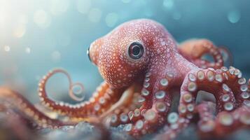 This vibrant image showcases a close-up of a lively octopus, its vibrant colors and unique texture contrasting beautifully against the clear water filled with bubbles. photo