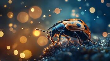 A captivating close-up of a ladybug perched on a dewy surface, highlighting its vibrant colors with a magical bokeh background that exudes charm and nature's beauty. photo