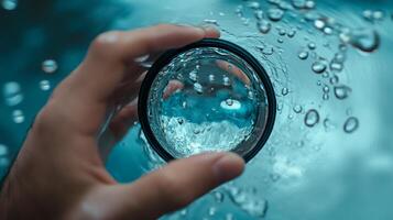 This unique image features a close-up of a hand holding a glass of water, surrounded by captivating bubbles, capturing a refreshing moment and the beauty of hydration. photo