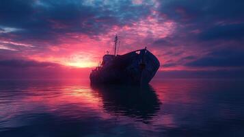 An abandoned ship rests in calm waters as a dramatic sky transitions to twilight, conveying a sense of mystery and nostalgia in a hauntingly beautiful scene. photo