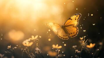 A graceful butterfly flutters among vibrant wildflowers, capturing the essence of beauty and fragility of life, representing the delicate balance of nature and its interactions. photo