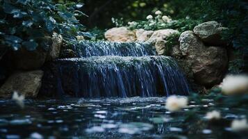 A serene waterfall cascades over rocks, surrounded by vibrant foliage, creating a peaceful natural oasis perfect for relaxation and contemplation amidst nature's beauty. photo