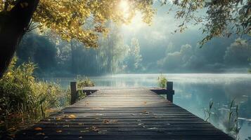A charming wooden pier emerges from a foggy setting, creating an enchanting scene of still waters and lush greenery, inviting exploration and reflection in this peaceful place. photo