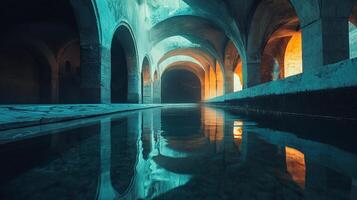 An enchanting view of ancient architecture coupled with still water reflections, creating a mesmerizing contrast of light and shadows evoking wonder and curiosity. photo