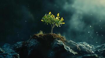 A small tree thrives in a rocky landscape, symbolizing resilience and growth in a challenging environment, demonstrating the beauty of nature's persistence. photo