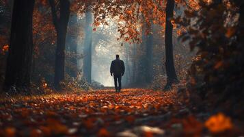 A solitary figure walks through a path blanketed with autumn leaves, immersed in the warm and inviting atmosphere of a forest during fall. photo