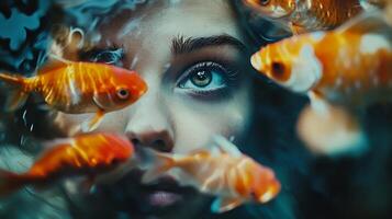 A mesmerizing close-up portrait of a woman surrounded by lively goldfish, creating an intriguing blend of human emotion and natural aquatic beauty in harmonious colors. photo