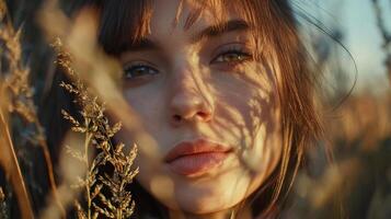 A serene and intimate portrait of a woman framed by golden grass, capturing the warm hues of nature and evoking feelings of calmness, connection, and tranquility. photo