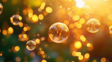 A beautiful display of sparkling bubbles floating in warm golden light, creating an enchanting atmosphere filled with whimsy and joy, perfect for evoking happiness. photo