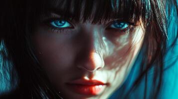 An intense close-up portrait capturing a woman's piercing gaze, as intricate shadows cast by light create a dramatic interplay, enhancing her striking features beautifully. photo