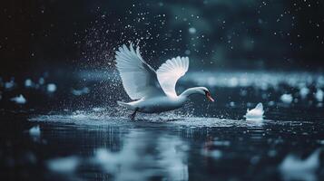 A stunning scene of a swan gracefully splashing through calm water, creating a mesmerizing effect as it moves and sends droplets flying in the air. Nature's beauty on display. photo