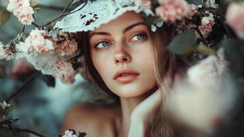 This striking close-up portrays a young woman with captivating eyes, surrounded by blooming cherry blossoms, evoking feelings of beauty and introspection. photo