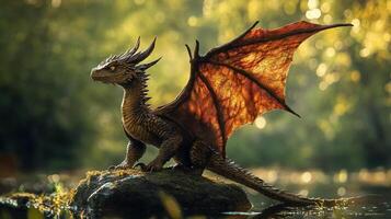 A stunning depiction of a small dragon perched on a rock near tranquil waters, combining elements of fantasy with the serene beauty of nature in a captivating scene. photo