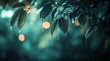 This mesmerizing image portrays leaves adorned with glistening water droplets during rain, capturing the essence of freshness and tranquility amidst a lush green backdrop. photo