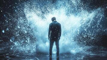 This striking image showcases a solitary figure standing amidst a dynamic explosion of water, capturing an intense moment of emotion, solitude, and artistic expression. photo
