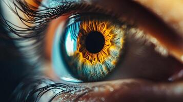 A macro shot of a striking eye featuring unique colors and patterns, symbolizing depth and emotion while captivating viewers with its intricate details and vivid hues. photo