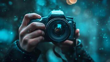 A close-up of a hands holding a camera in the snow, showcasing the essence of photography, creativity, and the beauty of capturing moments in time against a serene backdrop. photo