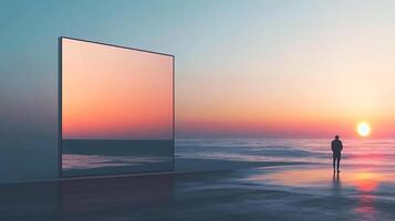 This image showcases a stunning sunset over the ocean, reflecting in a large mirror placed on the beach, evoking feelings of tranquility and contemplation. photo