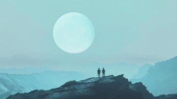 Two silhouettes stand atop rocky terrain beneath a giant moon, creating a scene filled with mystery and intrigue, inviting viewers into a world of exploration and wonder. photo