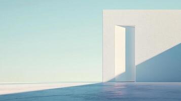 An open doorway stands against a bright sky, symbolizing new beginnings and opportunities, emphasizing simplicity through minimalist design and striking shadows. photo