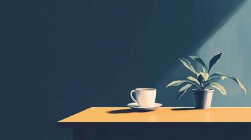 A serene still life composition featuring a coffee cup and a plant, illuminated by soft light, representing the calm and comforting aspects of daily life in a cozy setting. photo
