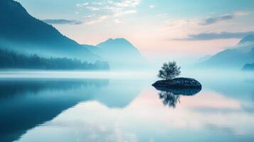 An ethereal view of a misty lake with a solitary tree on a rock, framed by majestic mountains, conveying a sense of solitude and peace in a breathtaking natural landscape. photo