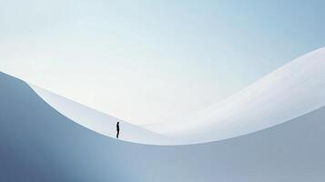 A contemplative figure standing amidst smooth white curves against a soft blue sky, representing exploration, minimalism, and the beauty of solitude in abstract landscapes. photo