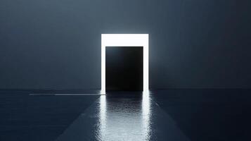 A striking illuminated doorway emerges from a dark, minimalist space, symbolizing opportunity, transition, and the potential for change in both life and design aesthetics. photo