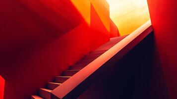 A captivating red staircase bathed in warm light, creating a dynamic interplay of colors and shapes, symbolizing ascension, passion, and the journey toward higher understanding. photo