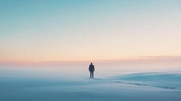 The photograph captures a solitary figure standing in a serene and vast snowy landscape, reflecting a sense of isolation and peace amidst the winter chill. photo