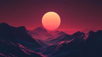 A captivating view shows a dreamy sunset illuminating an intricate mountain range with a soft color palette, creating a surreal atmosphere filled with wonder and exploration. photo