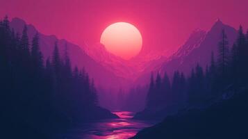 The breathtaking scenery of rugged mountains bathed in the warm glow of a massive pink sun, surrounded by lush forests and tranquil waters, evokes a sense of wonder. photo