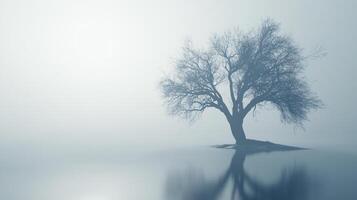 A solitary, leafless tree emerges from a misty lake, reflecting on the water's surface. The ethereal atmosphere creates a dreamlike quality, evoking feelings of isolation. photo