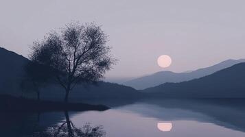 A serene landscape features a still lake and a silhouetted tree under a moonlit sky, reflecting tranquility and peace, inviting contemplation into the harmonious relationship of nature. photo